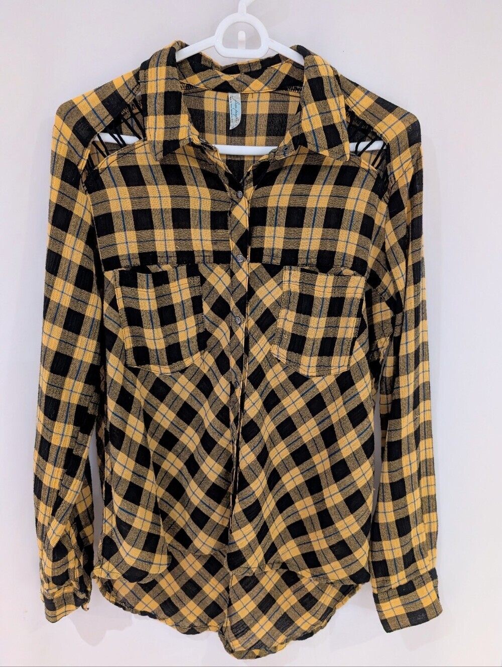 Free People Yellow and Black Plaid Button-Up Shirt With Cut Out Details